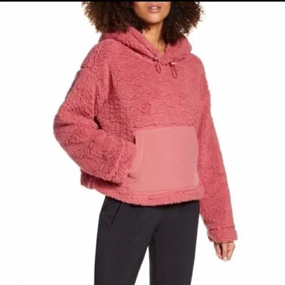 NWT Zella pink faux Shearling pullover hoodie Size Large - Picture 1 of 9